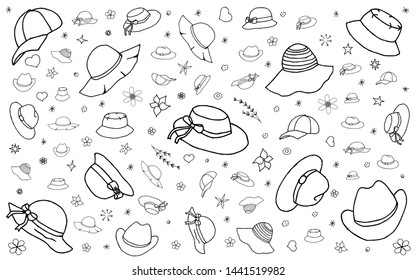 Doodle sketch hats and Caps.Hand drawn vector illustration isolated on white backdrop.Can be used as decoration for wrapping paper,wallpapers,backdrop,print,manufacturing decor,coloring book template