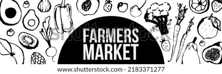 Doodle Sketch Healthy food vector illustration. Vegetables hand drawn. Organic products set. Farm market food collection. Pepper, broccoli, peas, avocado, cherry, figs, carrot sketch