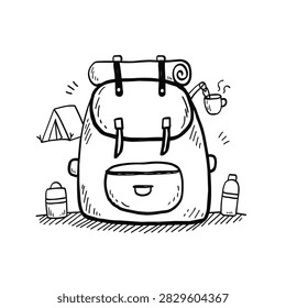 A doodle sketch of a hiking backpack featuring a tent a coffee mug and water bottles on a white background