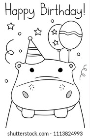 Doodle sketch hippo Happy Birthday greeting card. Cartoon hippopotamus with bonnet and two balloons vector Illustration. Hand drawn party postcard. Wild mammal animal. EPS 10