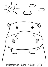 Doodle sketch Hippo with sun and clouds illustration. Cartoon vector hippopotamus. Doodle style. Wild mammal animal.Behemoth.Postcard, poster design. Hand drawing. Good for print design,shirts. EPS 10