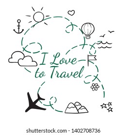 doodle sketch icons travel, plane, suitcase, anchor, sun, clouds 