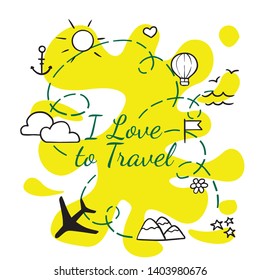 doodle sketch icons travel, plane, suitcase, anchor, sun, clouds 