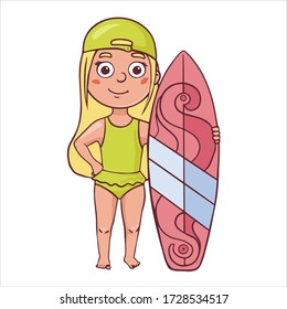  Doodle sketch illustration of a girl in a green swimsuit with a surfboard. Illustration baby 