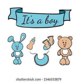 Doodle sketch illustration for postcards, layout, invitations for a baby boy newborn. Toys hare, teddy bear and children's things on a white background.
