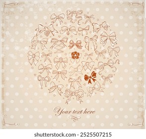 Doodle sketch illustration with various bow ties forming a circle on vintage polka dot background, with space for custom text, ideal for elegant invitations and other design templates.