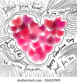 Doodle sketch lettering for Valentines Day with soft pink blurred hearts. Vector illustration 