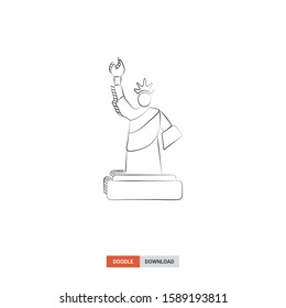Doodle sketch of Liberty statue concept on white background. Liberty statue doodle art. Cartoon vector illustration. Isolated sketch line art. Icon in hand drawing design style.
