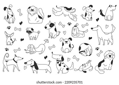 Doodle sketch line art animal dogs puppy characters hand drawn isolated set. Vector graphic design element illustration