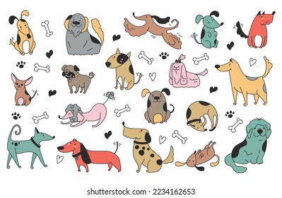 Doodle sketch line art animal dogs puppy characters hand drawn isolated set. Vector graphic design element illustration