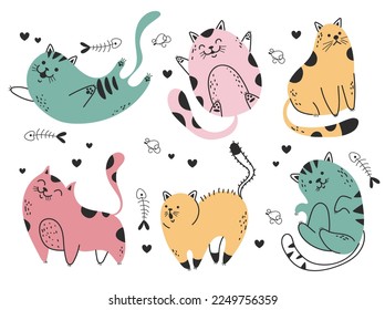 Doodle sketch line art animal cats characters hand drawn isolated set. Modern simple line outline style. Vector cartoon graphic design element illustration