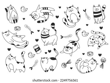 Doodle sketch line art animal cats characters hand drawn isolated set. Modern simple line outline style. Vector cartoon graphic design element illustration