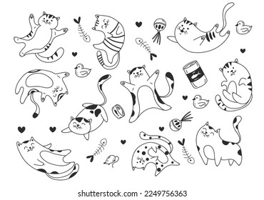 Doodle sketch line art animal cats characters hand drawn isolated set. Modern simple line outline style. Vector cartoon graphic design element illustration