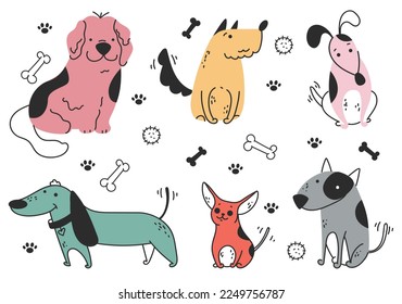 Doodle sketch line art animal dogs puppy characters hand drawn isolated set. Modern simple line outline style. Vector cartoon graphic design element illustration