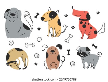 Esbozo de dibujos de dibujos de dibujos animados perros perritos animales caracteres de cachorro dibujados a mano conjunto aislado. Estilo de contorno de línea simple moderno. Ilustración de elementos de diseño gráfico de dibujos animados