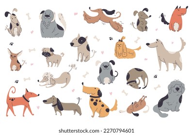 Esbozo de dibujos de dibujos de dibujos animados perros perritos animales caracteres de cachorro dibujados a mano conjunto aislado. Ilustración del elemento de diseño gráfico del vector