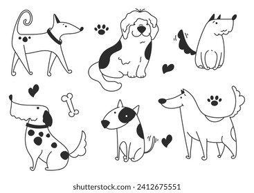 Esbozo de dibujos de dibujos de dibujos animados perros perritos animales caracteres de cachorro dibujados a mano conjunto aislado. Ilustración del elemento de diseño gráfico del vector