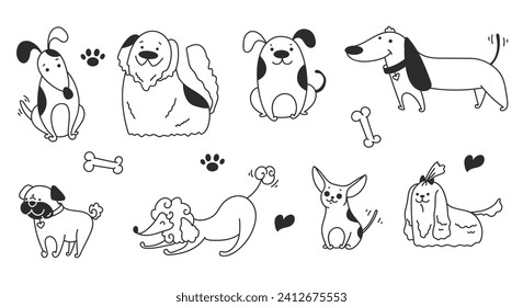 Doodle sketch line art animal dogs puppy characters hand drawn isolated set. Vector graphic design element illustration