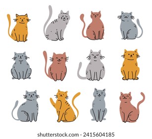 Doodle sketch line art animal cats characters hand drawn isolated set. Modern simple line outline style. Vector cartoon graphic design element illustration