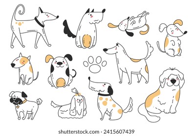 Doodle sketch line art animal dogs puppy characters hand drawn isolated set. Vector graphic design element illustration