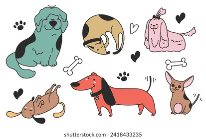 Doodle sketch line art animal dogs puppy characters hand drawn isolated set. Vector graphic design element illustration