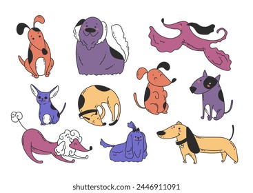 Doodle sketch line art animal dogs puppy characters hand drawn isolated set. Vector graphic design element illustration	