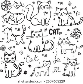 Doodle sketch line cute cats, cartoon characters, hand drawn set. Vector graphic element illustration	