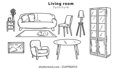 Doodle sketch of living room furniture, hand-drawn in different sizes and types, modern and vintage. Vector illustration