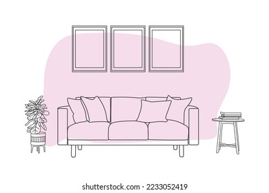 Esbozo de Doodle del sofá de la sala de estar, decoración de la línea de dibujo del hogar, vector