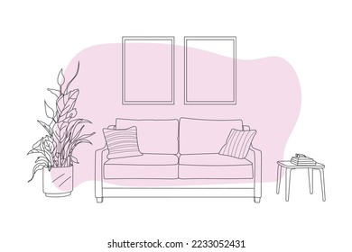 Doodle sketch of living room sofa, line drawing home decoration, vector