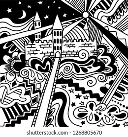 Doodle sketch magic castle cute pattern black and white isolated. Fairy wonderful poster, banner background template. Can used as print for baby apparel, t-shirt, kids clothes, card, packaging design