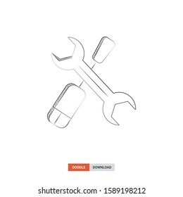 Doodle sketch of Maintenance tools concept on white background. Maintenance tools doodle art. Cartoon vector illustration. Isolated sketch line art. Icon in hand drawing design style.