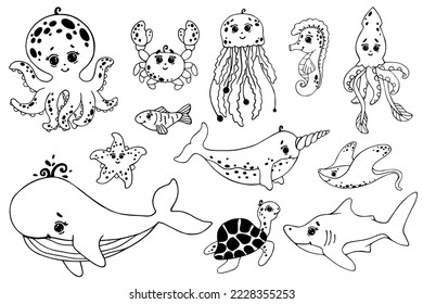 Doodle sketch of marine animals,mammals,fish.Vector graphics.