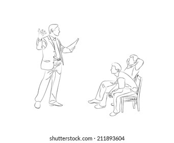 Doodle Sketch men sit on chairs and listen to the speaker. Audience with a speech harvested. He says it and gesticulating.policy, politics, political, news. vector. Icon. Image. Picture. Illustration