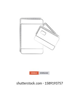 Doodle sketch of Mobile banking concept on white background. Mobile banking doodle art. Cartoon vector illustration. Isolated sketch line art. Icon in hand drawing design style.