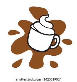 Doodle sketch mug with cappuccino, cartoon drawing of coffee with froth