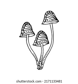 Doodle sketch mushrooms hand drawn. Black silhouette of a mushroom and swirls. Icon, postcard, logo