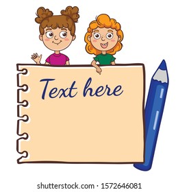 doodle sketch notepad sheet for your lettering. Simple, flat illustration of a frame for an inscription with children and pencils 