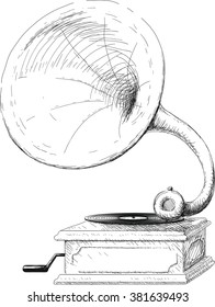 Doodle sketch of an old classic gramophone with trumpet and plate
