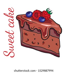 Doodle sketch a piece of chocolate cake with berries, raspberries and blueberries. Illustration of a sweet cake.