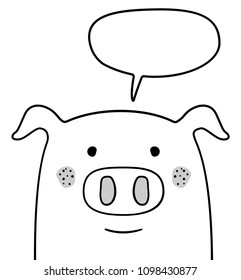 Doodle sketch Pig with chat cloud vector illustration. Cartoon piglet with talking bubble. Swine. Domestic animal. Postcard, poster, card design. Hand drawing. Good for print design, shirts. EPS 10