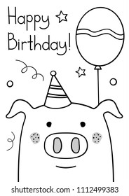 Doodle sketch pig Happy Birthday greeting card. Cartoon piglet with bonnet and balloon vector Illustration. Hand drawn swine party postcard. Domestic animal. EPS 10