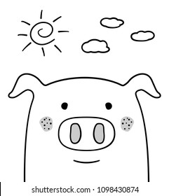 Doodle sketch Pig with sun and clouds illustration.Cartoon piglet vector. Doodle style. Domestic animal.White background.Postcard,napkin,poster design. Hand drawing.Good for print design,shirts.EPS10