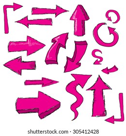 Doodle sketch pink arrows set for creative design