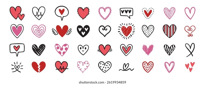 doodle and sketch pink, red heart shape icon set. romantic heart symbol. Hand drawn wedding and valentine day hearts set. love shape elements. Vector illustration