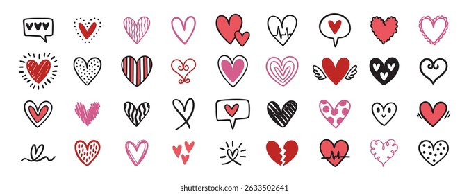 doodle and sketch pink, red heart shape icon set. romantic heart symbol. Hand drawn wedding and valentine day hearts set. love shape elements. Vector illustration