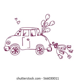 Doodle Sketch pink wedding car vector illustration. Just married theme.