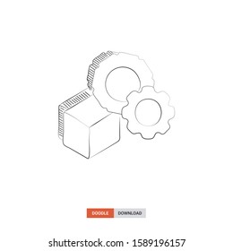 Doodle sketch of Product development concept on white background. Product development doodle art. Cartoon vector illustration. Isolated sketch line art. Icon in hand drawing design style.