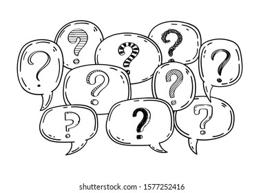 Doodle sketch question marks set inside speech bubbles, hand drawn collection, vector illustration.