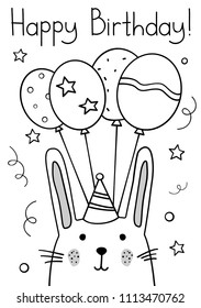 Doodle sketch rabbit Happy Birthday greeting card. Cartoon Bunny with bonnet and four balloons vector Illustration. Hand drawn party postcard. Wild mammal animal. EPS 10